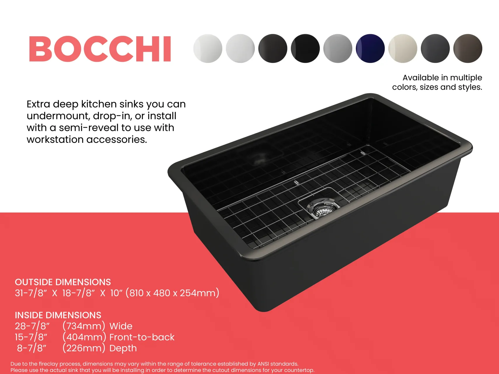 BOCCHI Sotto 32" Fireclay Undermount Single Bowl Kitchen Sink, Black, 1362-005-0120