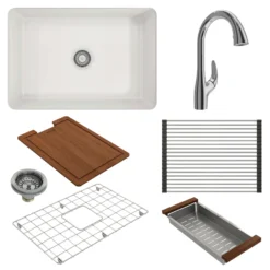 BOCCHI Sotto 27" White Fireclay Dual Mount Single Bowl Kitchen Sink Kit with Chrome Faucet and Accessories, 1360-001-2024CH