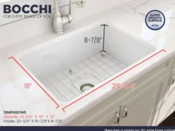 BOCCHI Sotto 27" White Fireclay Dual Mount Single Bowl Kitchen Sink Kit with Chrome Faucet and Accessories, 1360-001-2024CH