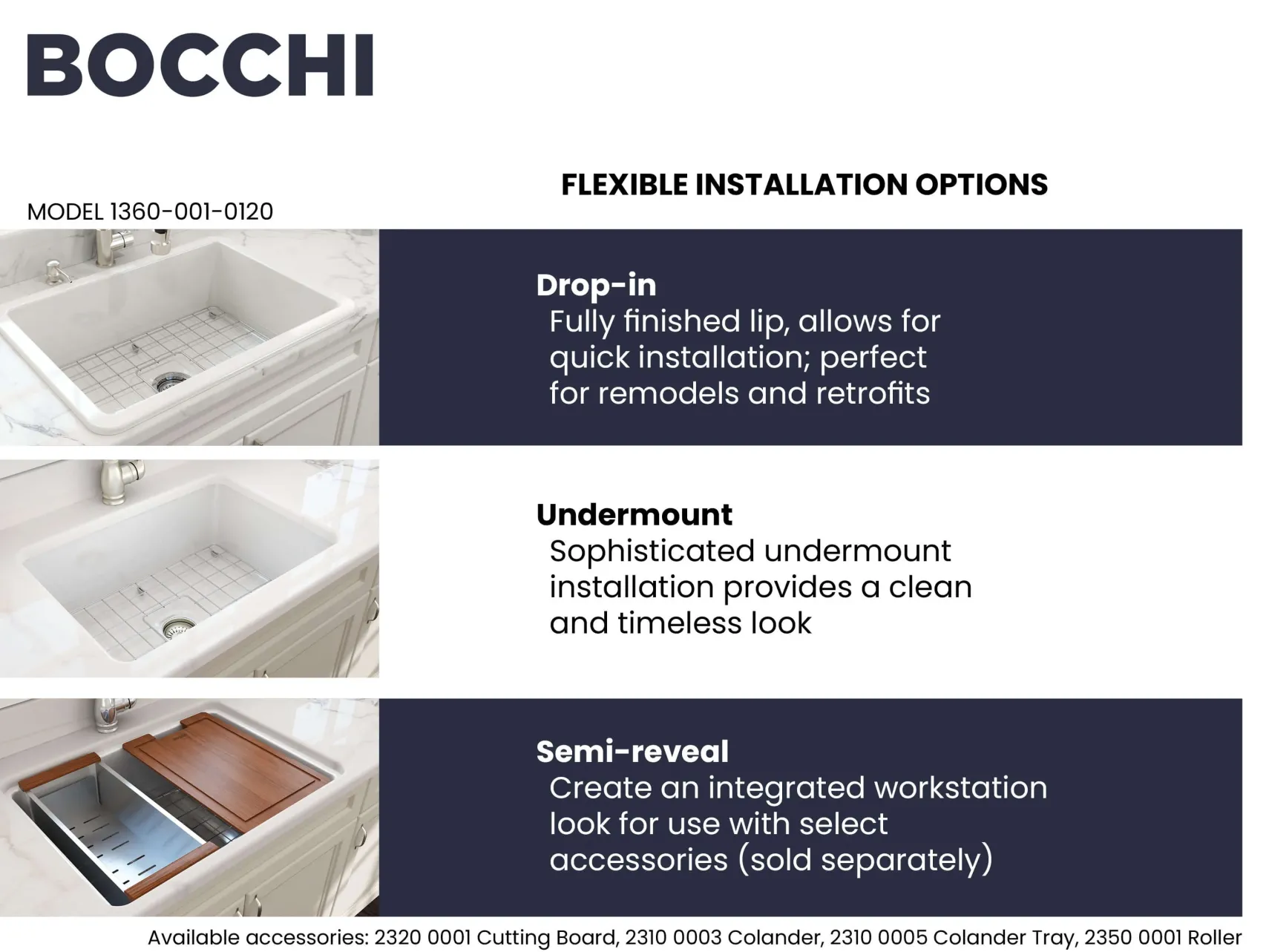 BOCCHI Sotto 27" White Fireclay Dual Mount Single Bowl Kitchen Sink Kit with Chrome Faucet and Accessories, 1360-001-2024CH