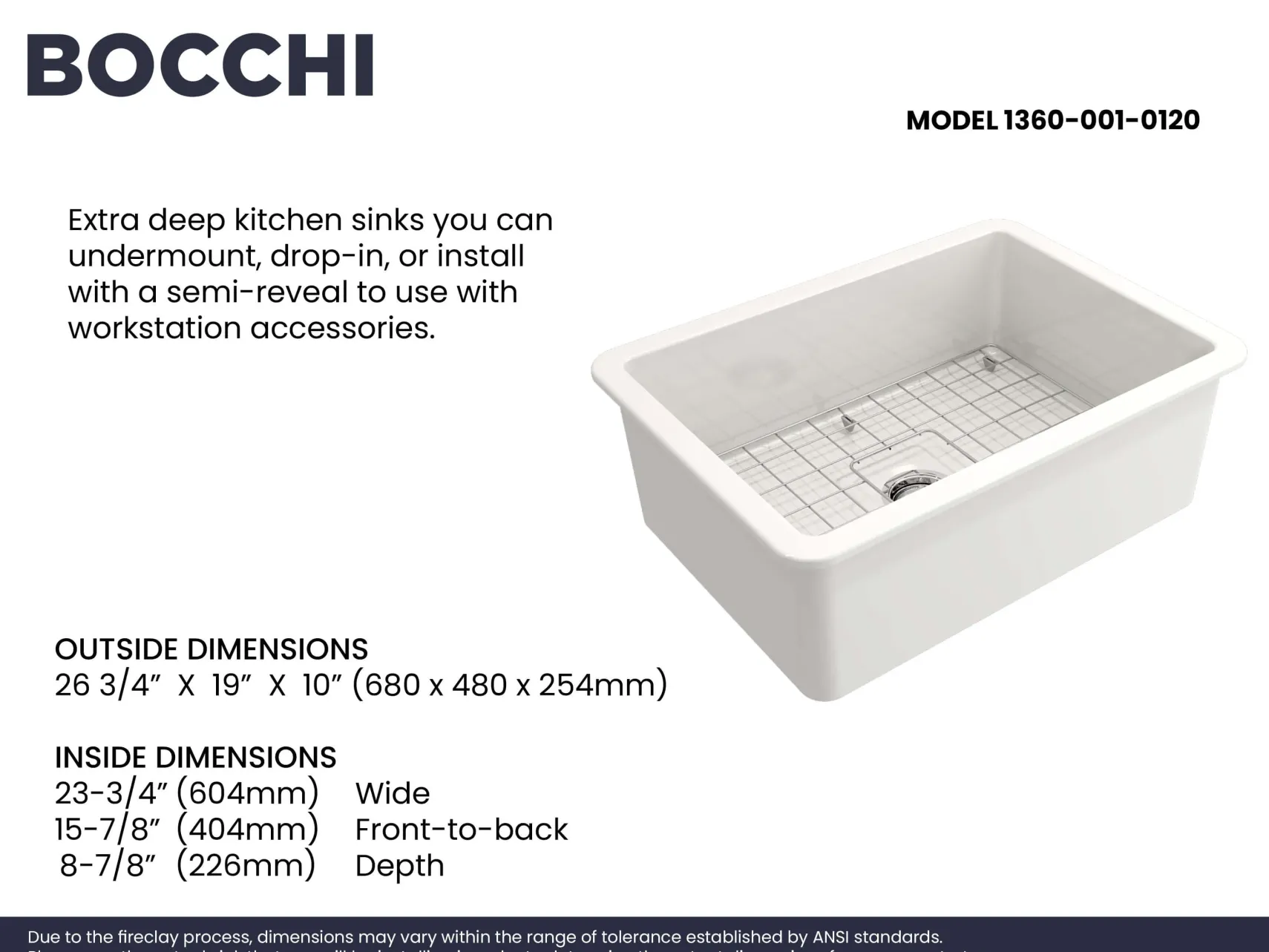 BOCCHI Sotto 27" White Fireclay Dual Mount Single Bowl Kitchen Sink Kit with Chrome Faucet and Accessories, 1360-001-2024CH