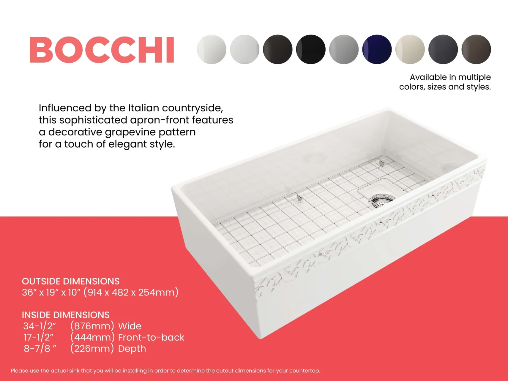 BOCCHI Vigneto 36" Fireclay Farmhouse Apron Single Bowl Kitchen Sink, White, 1355-001-0120