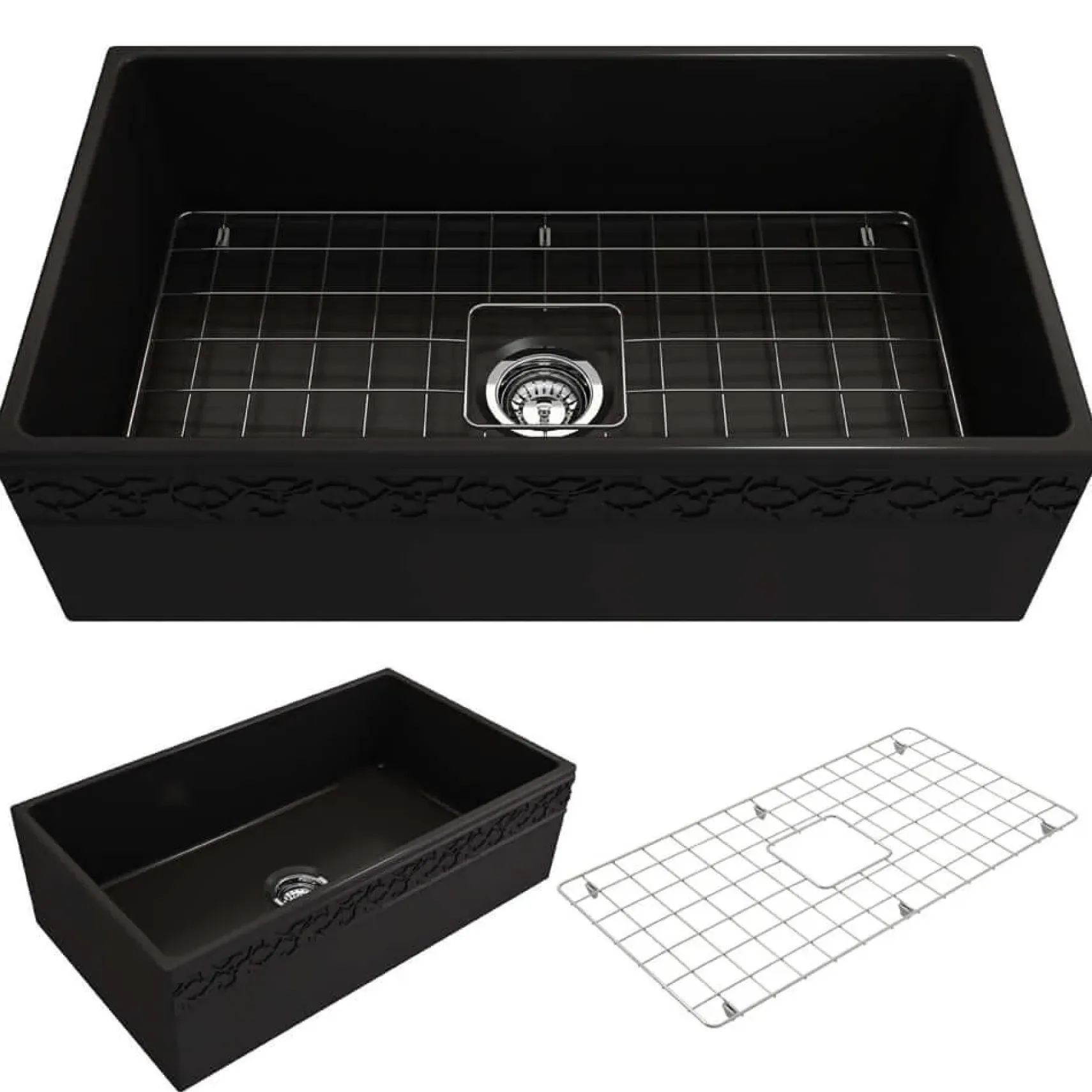 BOCCHI Vigneto 33" Fireclay Farmhouse Apron Single Bowl Kitchen Sink, Matte Black, 1353-004-0120
