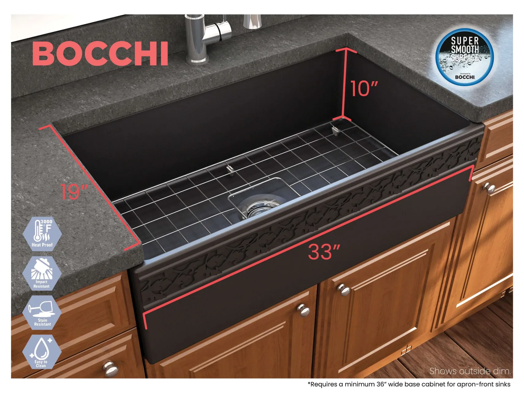 BOCCHI Vigneto 33" Fireclay Farmhouse Apron Single Bowl Kitchen Sink, Matte Black, 1353-004-0120