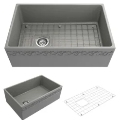 BOCCHI Vigneto 30" Fireclay Farmhouse Apron Single Bowl Kitchen Sink, Matte Gray, 1347-006-0120