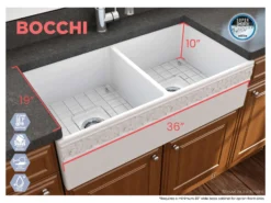 BOCCHI Vigneto 36" Fireclay Farmhouse Apron 50/50 Double Bowl Kitchen Sink, Matte White, 1351-002-0120
