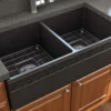 BOCCHI Vigneto 36" Fireclay Farmhouse Apron 50/50 Double Bowl Kitchen Sink, Matte Black, 1351-004-0120