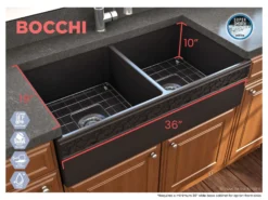 BOCCHI Vigneto 36" Fireclay Farmhouse Apron 50/50 Double Bowl Kitchen Sink, Matte Black, 1351-004-0120