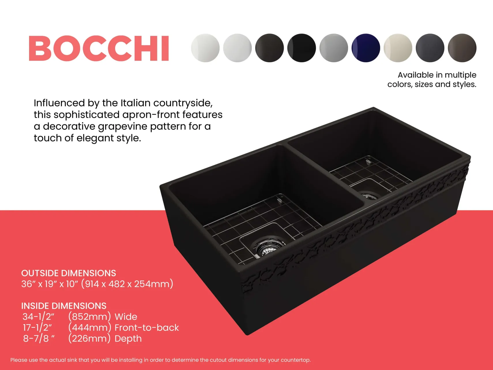 BOCCHI Vigneto 36" Fireclay Farmhouse Apron 50/50 Double Bowl Kitchen Sink, Matte Black, 1351-004-0120
