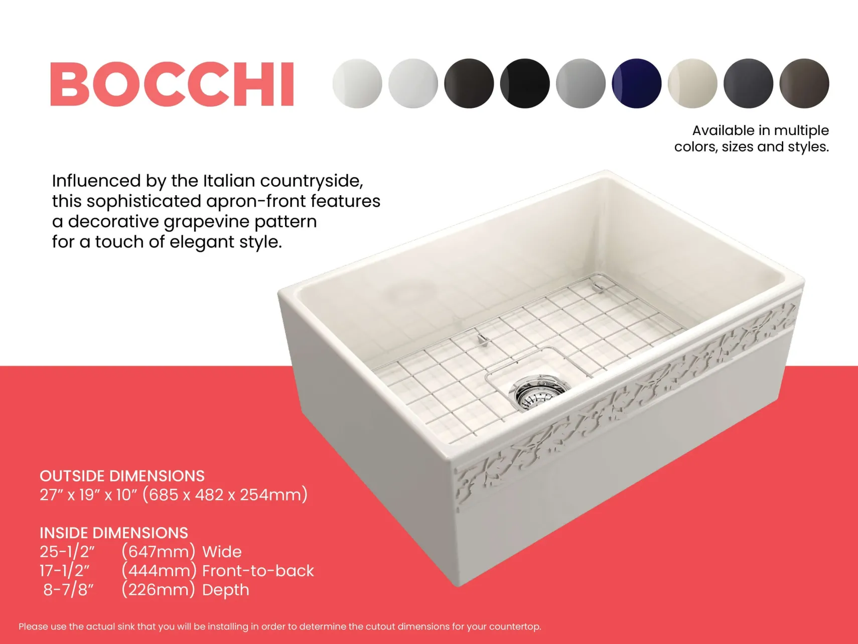 BOCCHI Vigneto 27" Fireclay Farmhouse Apron Single Bowl Kitchen Sink, Biscuit, 1357-014-0120