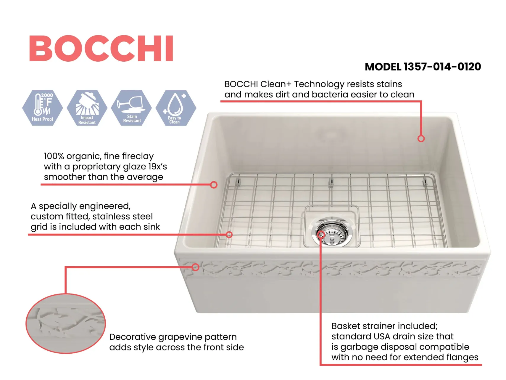 BOCCHI Vigneto 27" Fireclay Farmhouse Apron Single Bowl Kitchen Sink, Biscuit, 1357-014-0120