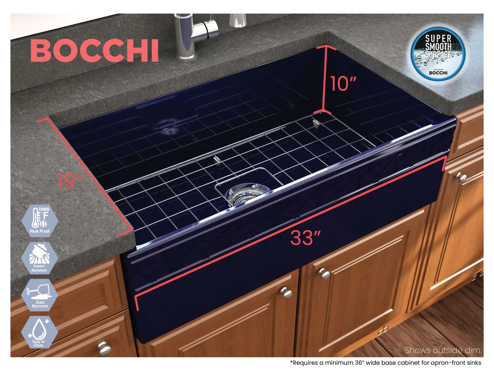 BOCCHI Vigneto 33" Fireclay Farmhouse Apron Single Bowl Kitchen Sink, Sapphire Blue, 1353-010-0120