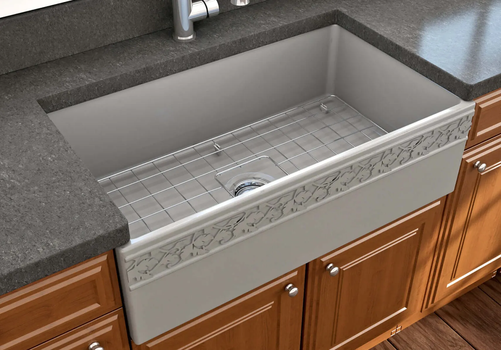 BOCCHI Vigneto 33" Fireclay Farmhouse Apron Single Bowl Kitchen Sink, Matte Gray, 1353-006-0120