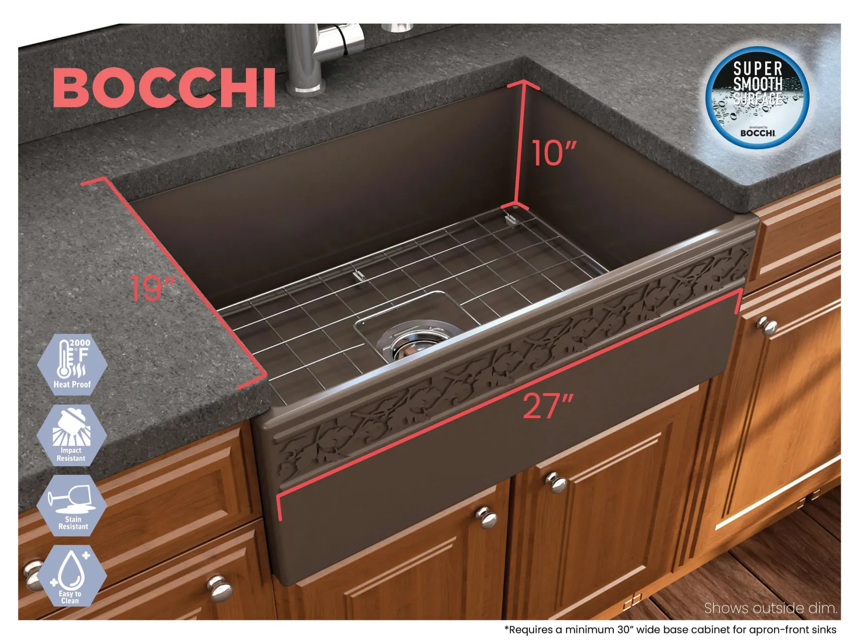 BOCCHI Vigneto 27" Fireclay Farmhouse Apron Single Bowl Kitchen Sink, Matte Brown, 1357-025-0120