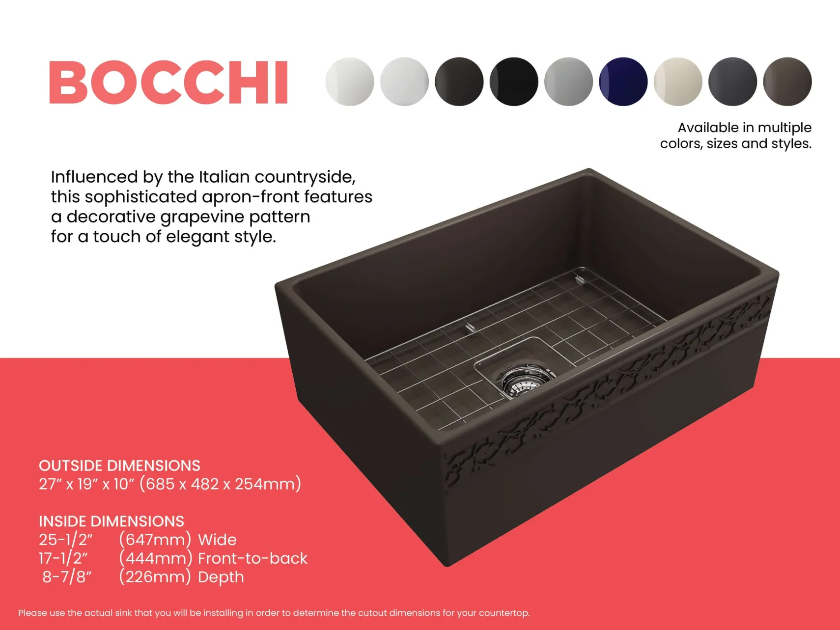 BOCCHI Vigneto 27" Fireclay Farmhouse Apron Single Bowl Kitchen Sink, Matte Brown, 1357-025-0120