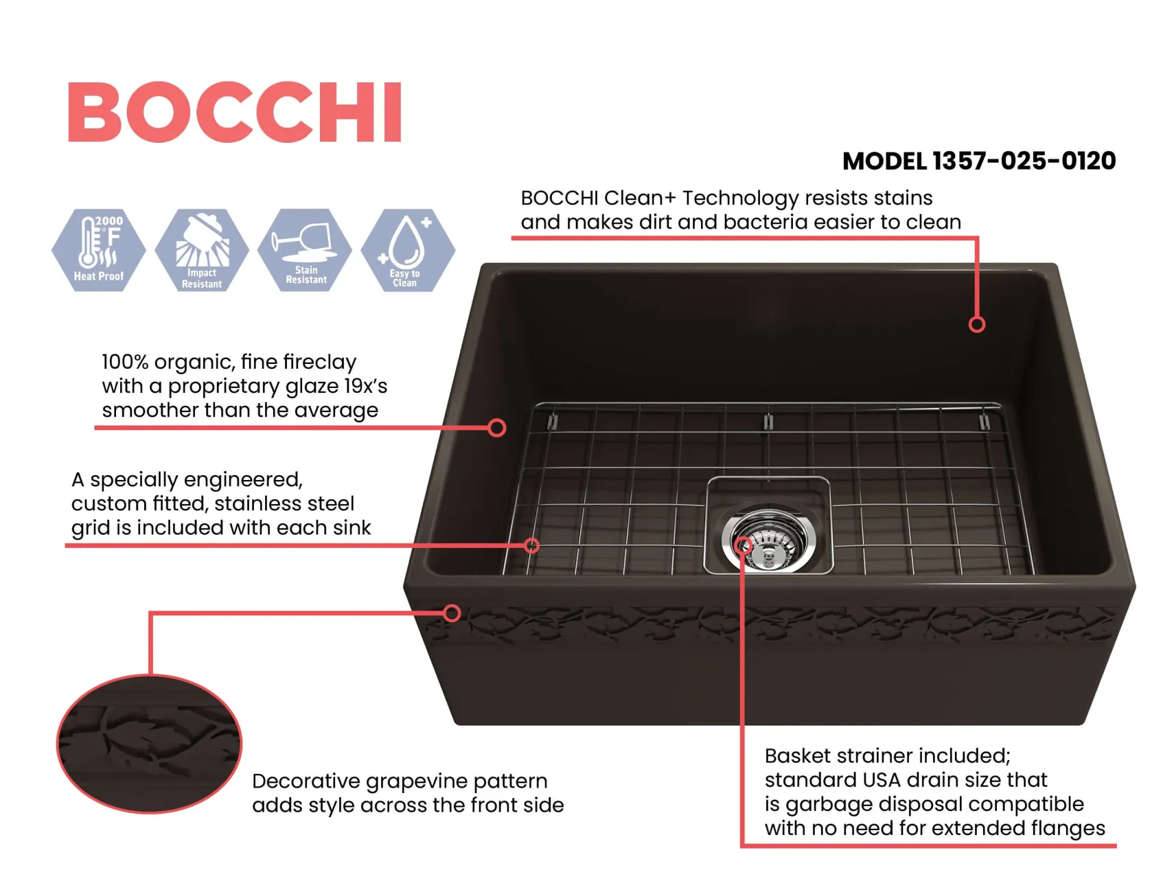 BOCCHI Vigneto 27" Fireclay Farmhouse Apron Single Bowl Kitchen Sink, Matte Brown, 1357-025-0120