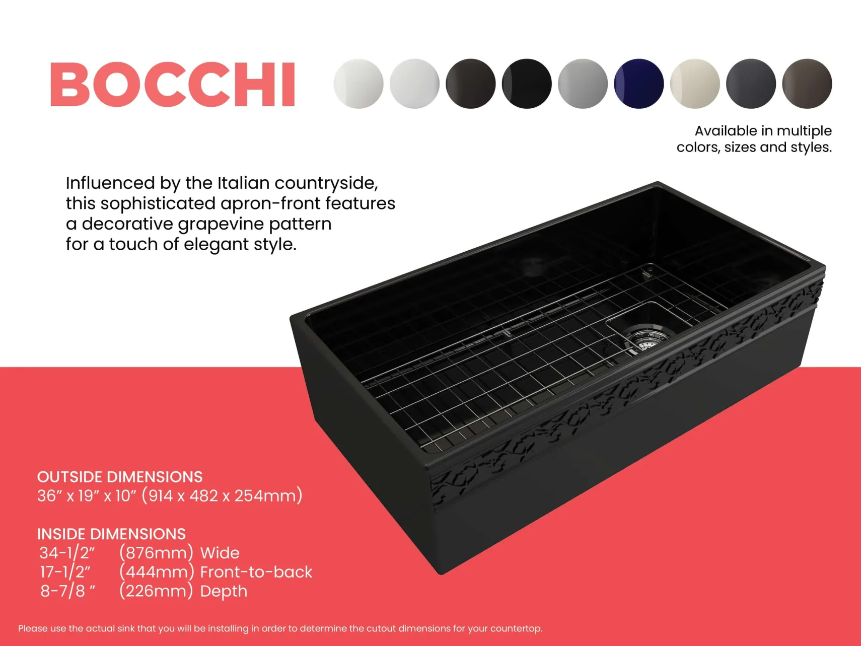 BOCCHI Vigneto 36" Fireclay Farmhouse Apron Single Bowl Kitchen Sink, Black, 1355-005-0120