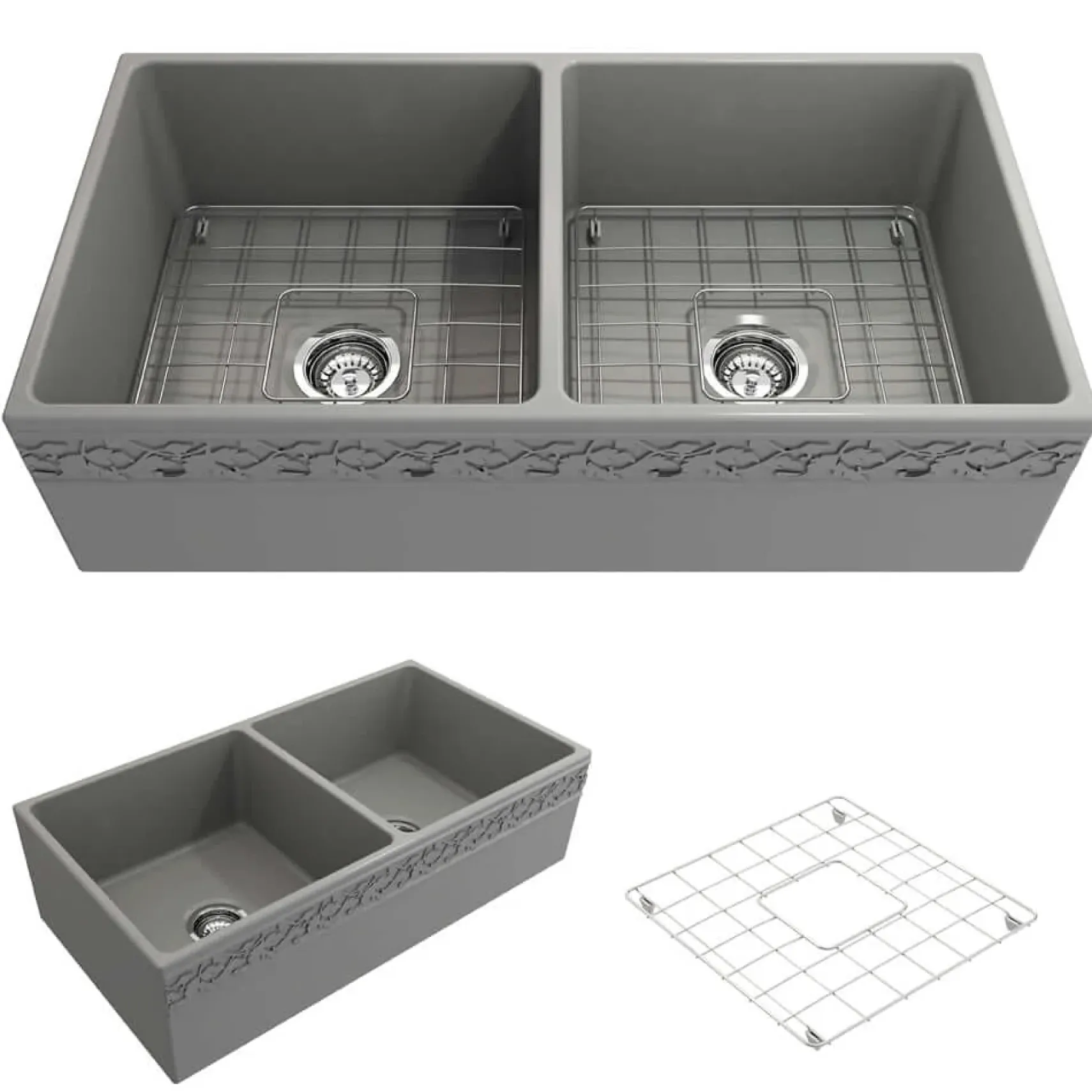 BOCCHI Vigneto 36" Fireclay Farmhouse Apron 50/50 Double Bowl Kitchen Sink, Matte Gray, 1351-006-0120