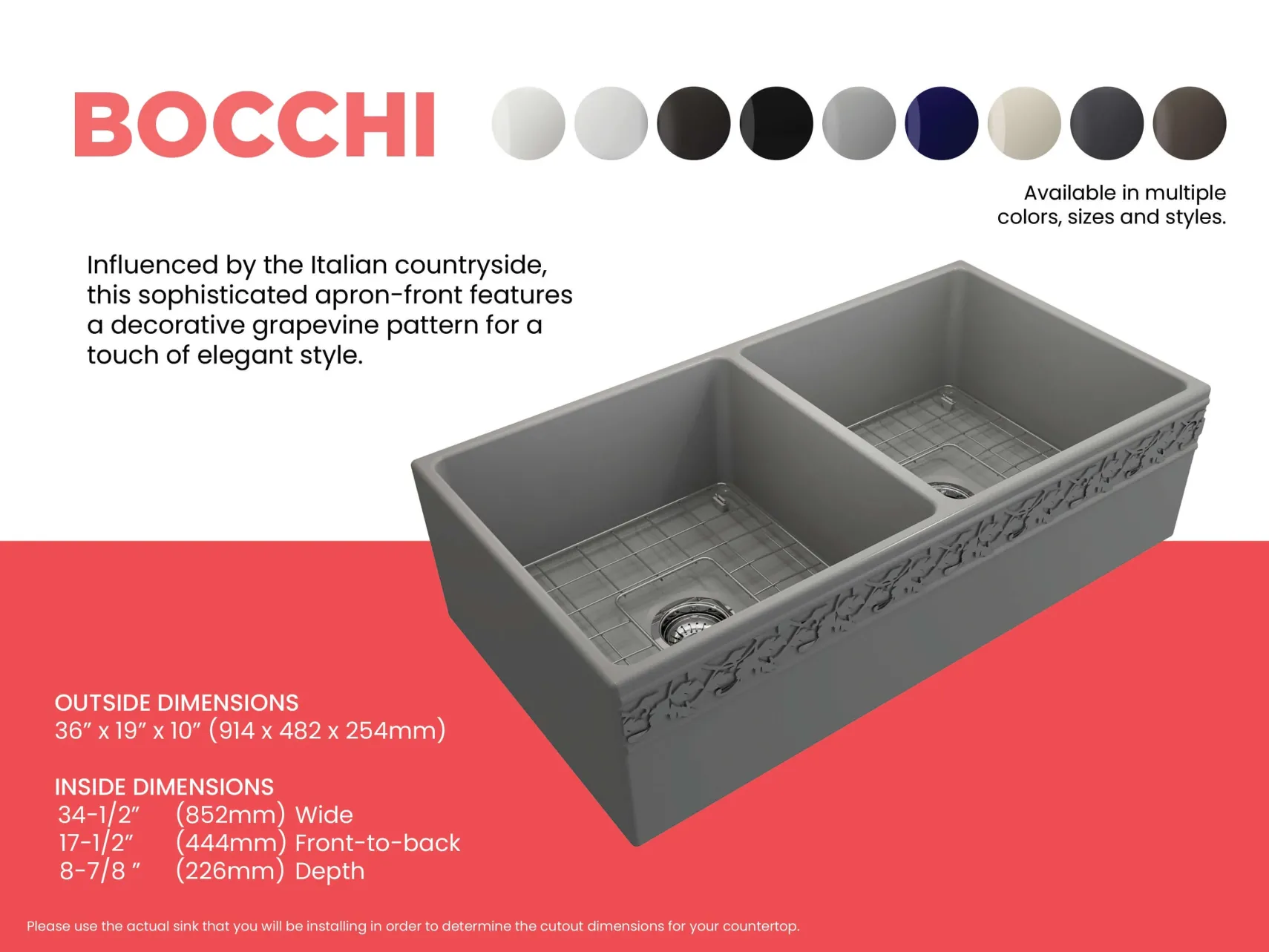 BOCCHI Vigneto 36" Fireclay Farmhouse Apron 50/50 Double Bowl Kitchen Sink, Matte Gray, 1351-006-0120