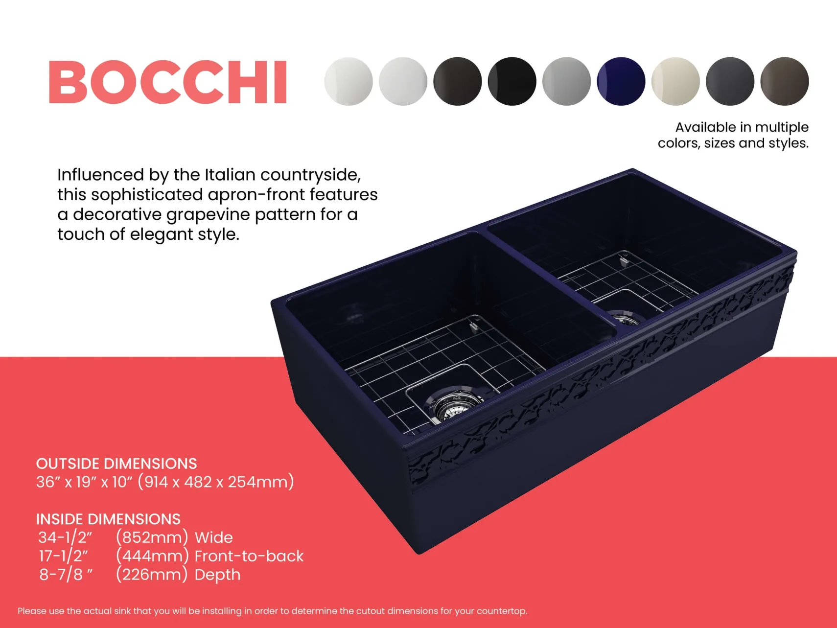 BOCCHI Vigneto 36" Fireclay Farmhouse Apron 50/50 Double Bowl Kitchen Sink, Sapphire Blue, 1351-010-0120