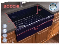 BOCCHI Vigneto 30" Fireclay Farmhouse Apron Single Bowl Kitchen Sink, Sapphire Blue, 1347-010-0120