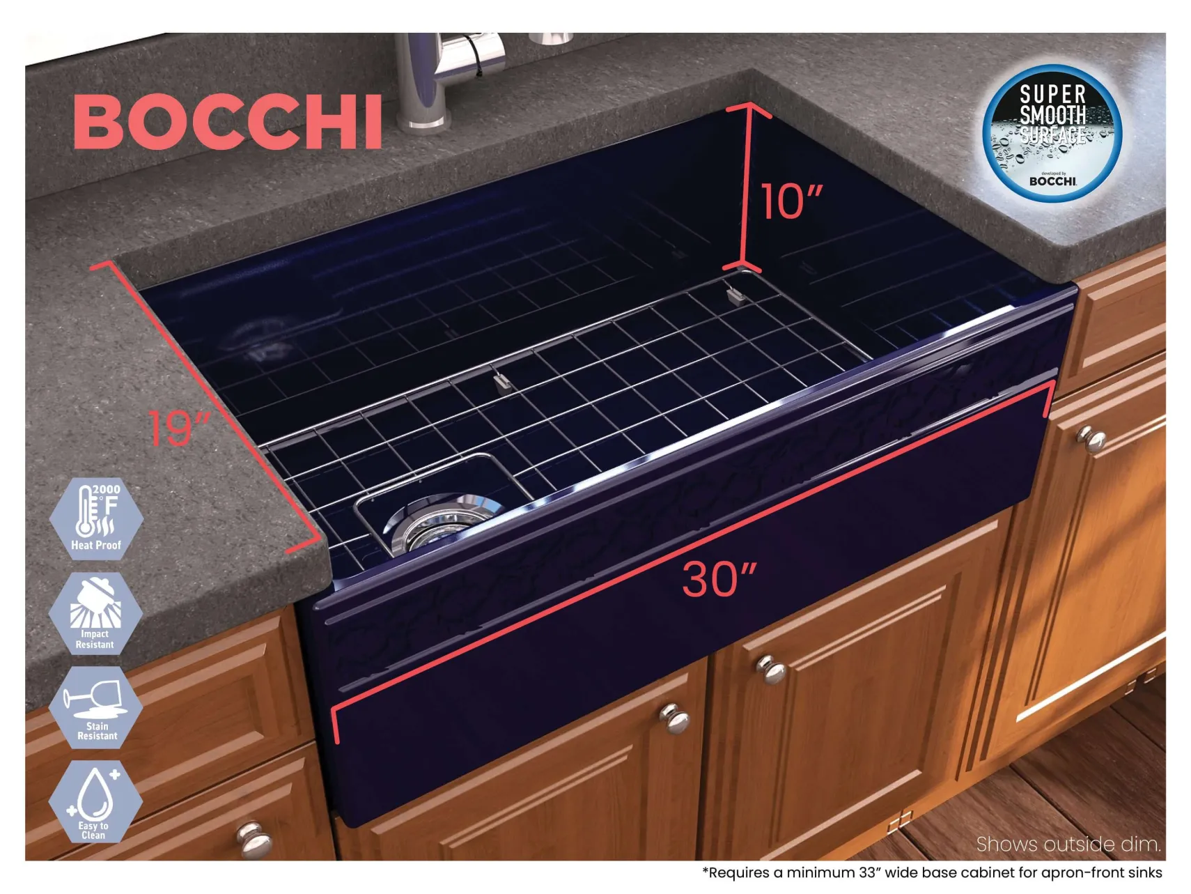 BOCCHI Vigneto 30" Fireclay Farmhouse Apron Single Bowl Kitchen Sink, Sapphire Blue, 1347-010-0120