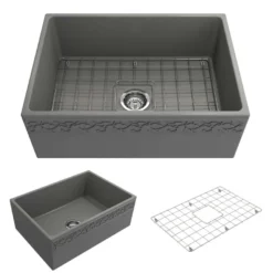 BOCCHI Vigneto 27" Fireclay Farmhouse Apron Single Bowl Kitchen Sink, Matte Gray, 1357-006-0120
