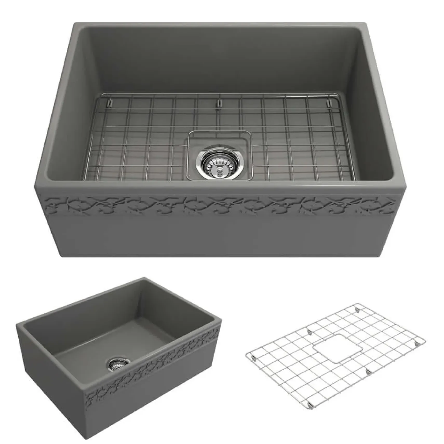 BOCCHI Vigneto 27" Fireclay Farmhouse Apron Single Bowl Kitchen Sink, Matte Gray, 1357-006-0120