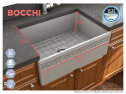BOCCHI Vigneto 27" Fireclay Farmhouse Apron Single Bowl Kitchen Sink, Matte Gray, 1357-006-0120