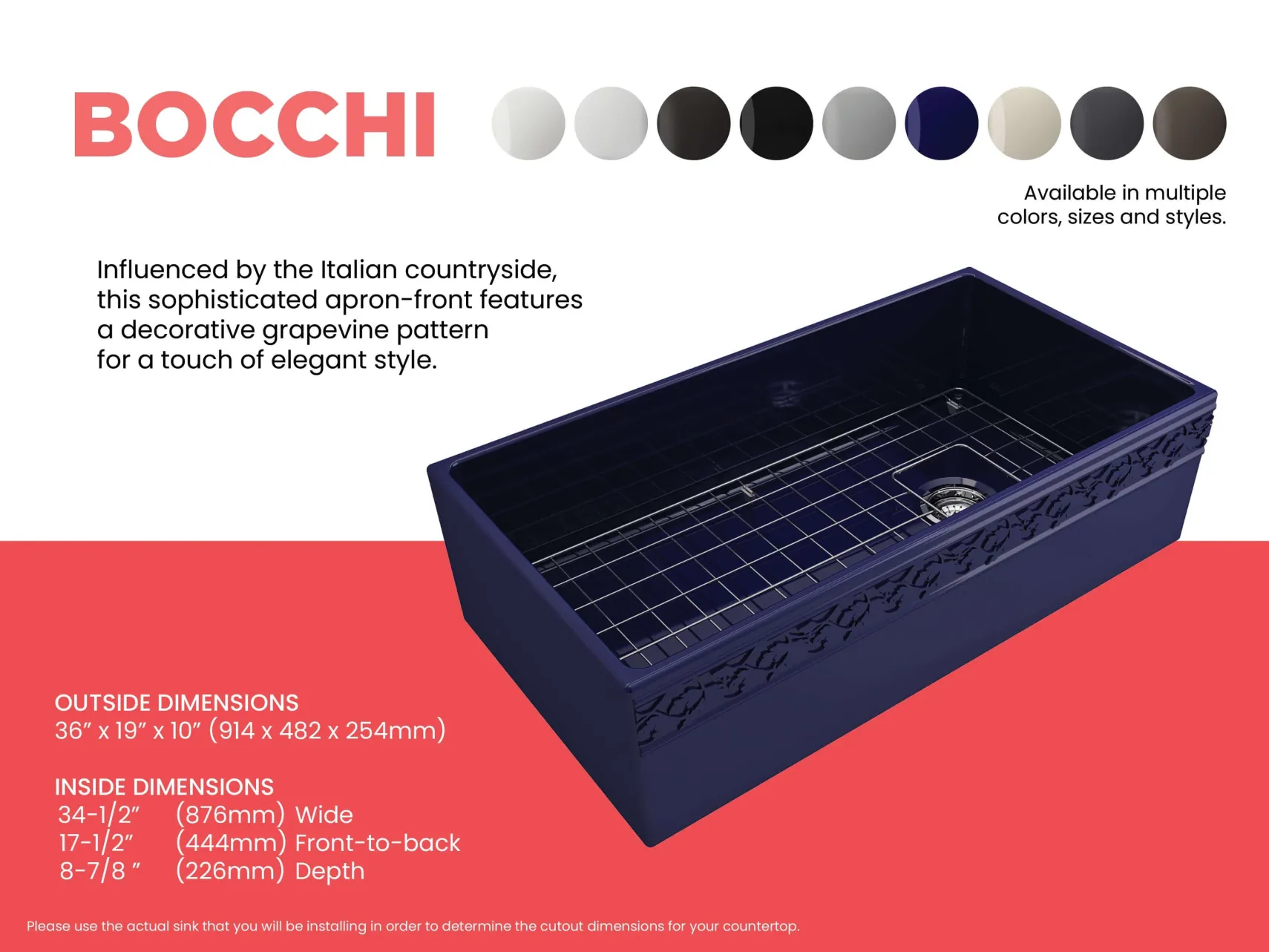 BOCCHI Vigneto 36" Fireclay Farmhouse Apron Single Bowl Kitchen Sink, Sapphire Blue, 1355-010-0120