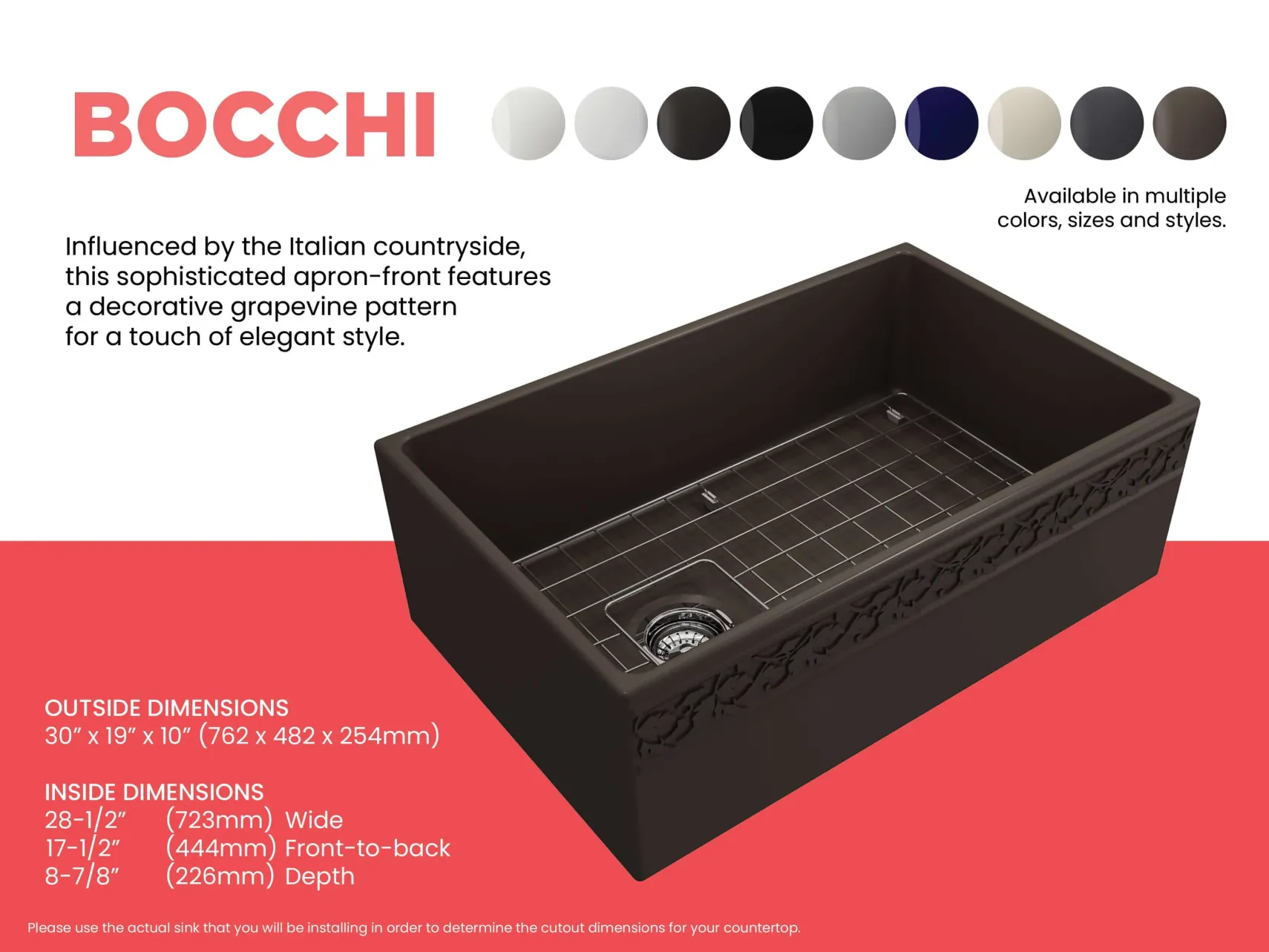 BOCCHI Vigneto 30" Fireclay Farmhouse Apron Single Bowl Kitchen Sink, Matte Brown, 1347-025-0120