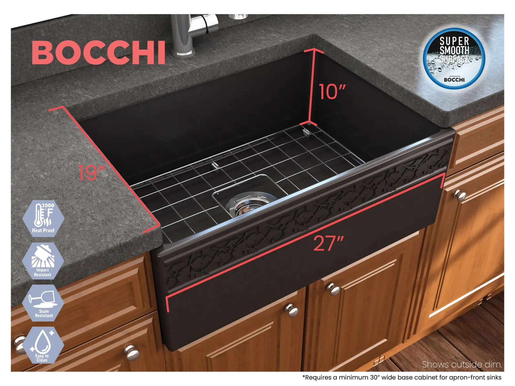 BOCCHI Vigneto 27" Fireclay Farmhouse Apron Single Bowl Kitchen Sink, Matte Black, 1357-004-0120