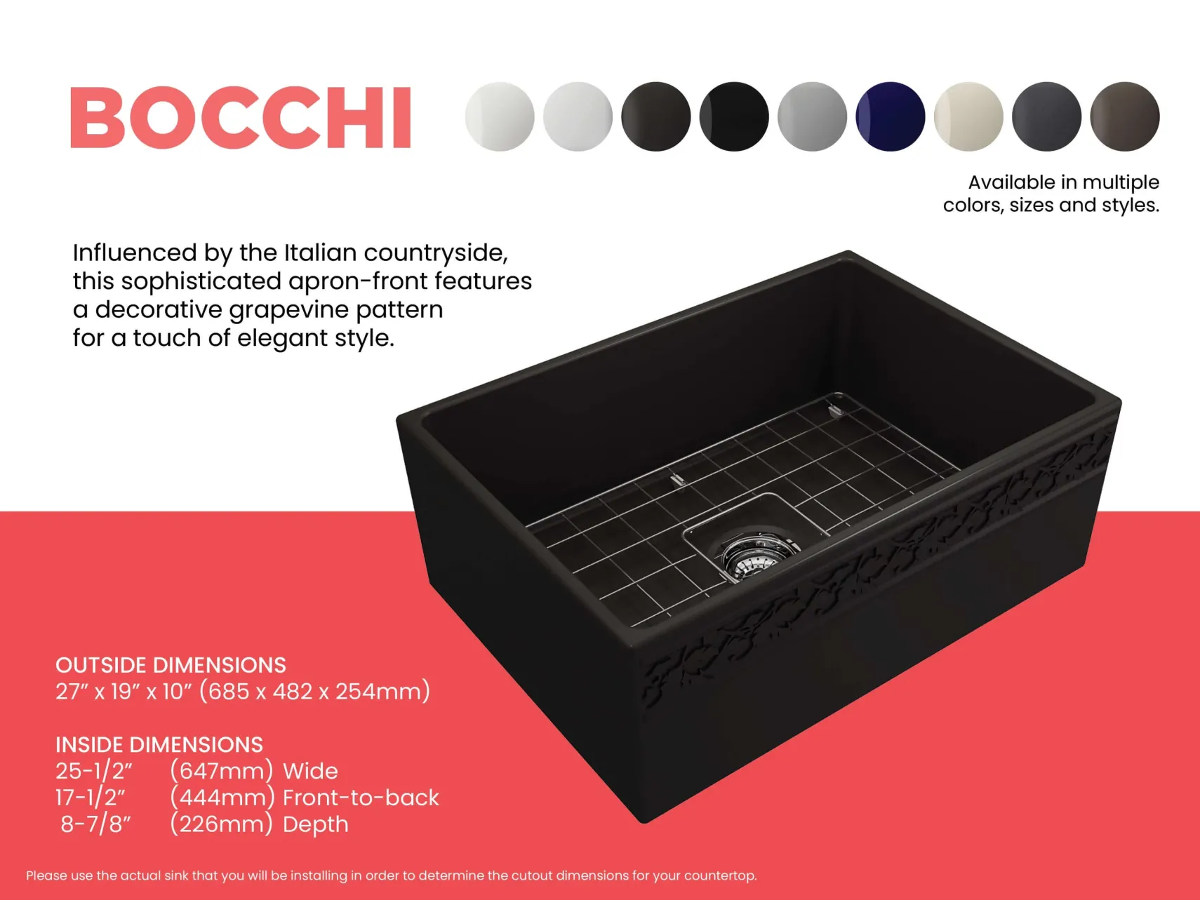 BOCCHI Vigneto 27" Fireclay Farmhouse Apron Single Bowl Kitchen Sink, Matte Black, 1357-004-0120