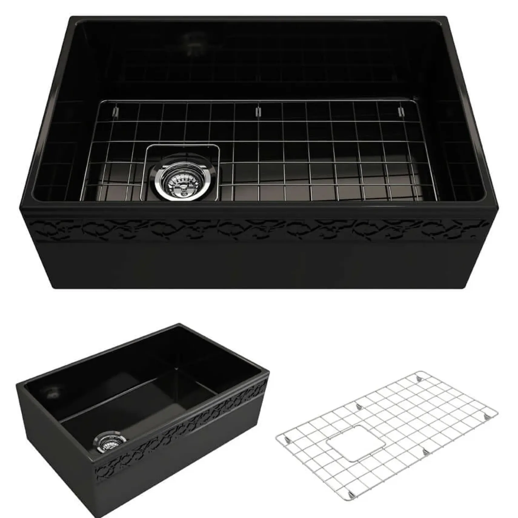 BOCCHI Vigneto 30" Fireclay Farmhouse Apron Single Bowl Kitchen Sink, Black, 1347-005-0120