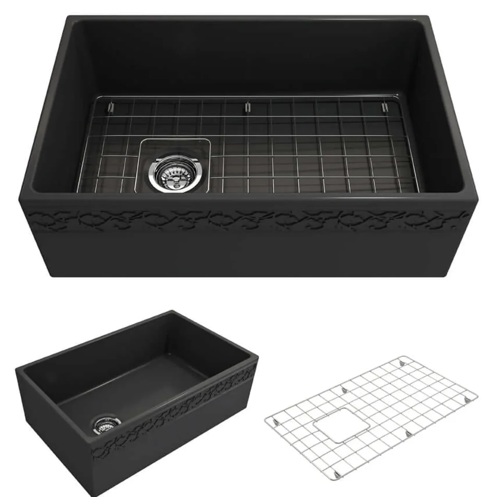 BOCCHI Vigneto 30" Fireclay Farmhouse Apron Single Bowl Kitchen Sink, Matte Dark Gray, 1347-020-0120