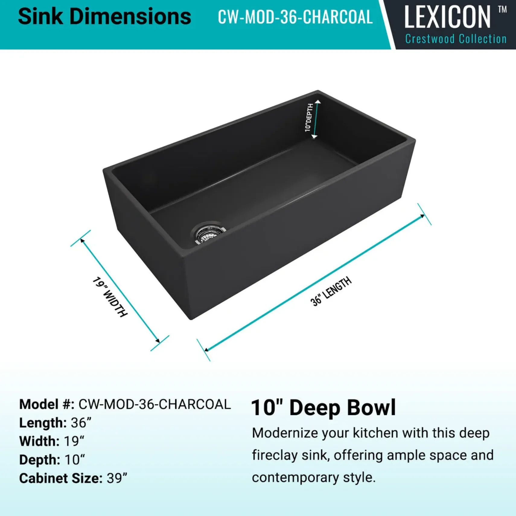 Crestwood 36" Fireclay Farmhouse Sink, Charcoal, CW-MOD-36-CHARCOAL