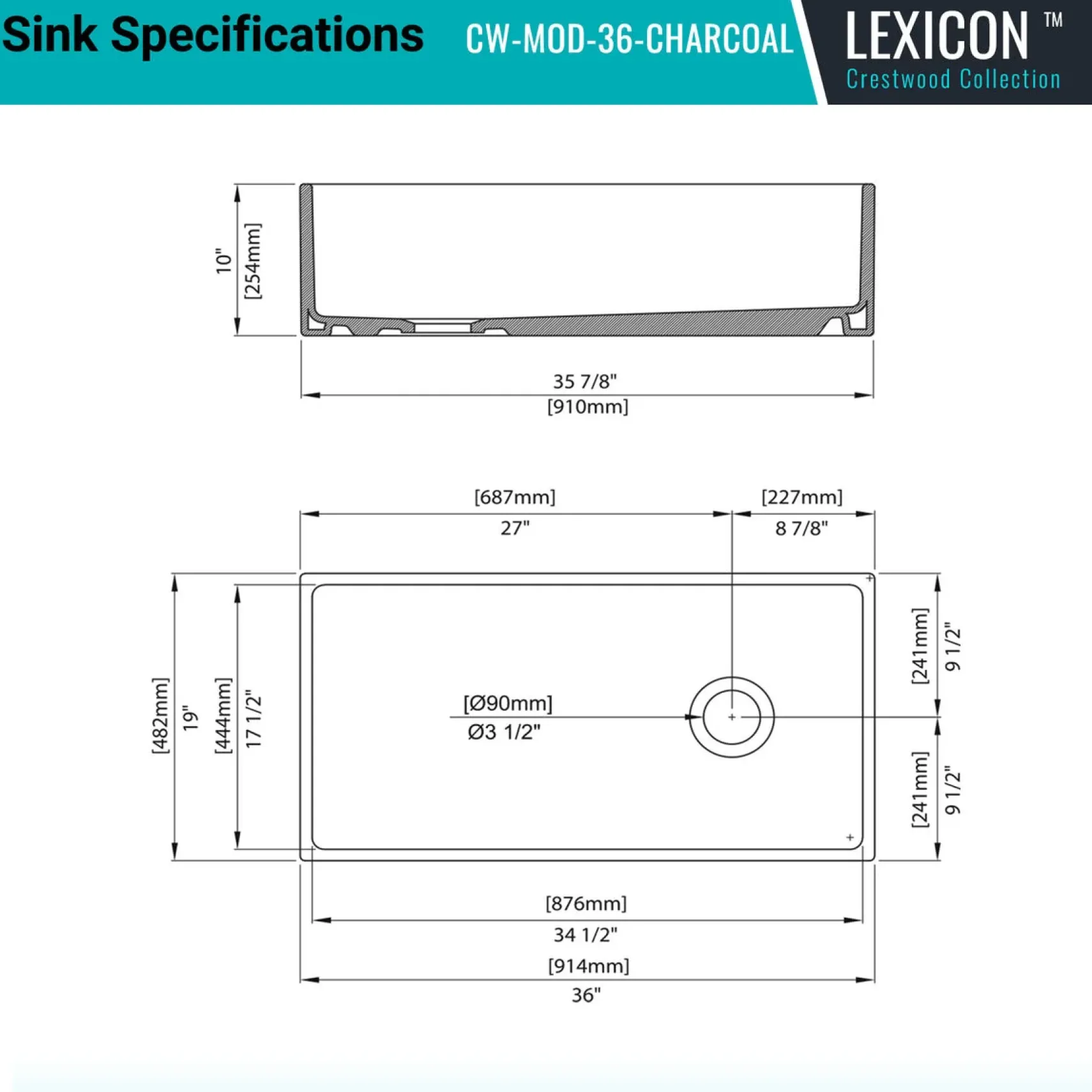 Crestwood 36" Fireclay Farmhouse Sink, Charcoal, CW-MOD-36-CHARCOAL