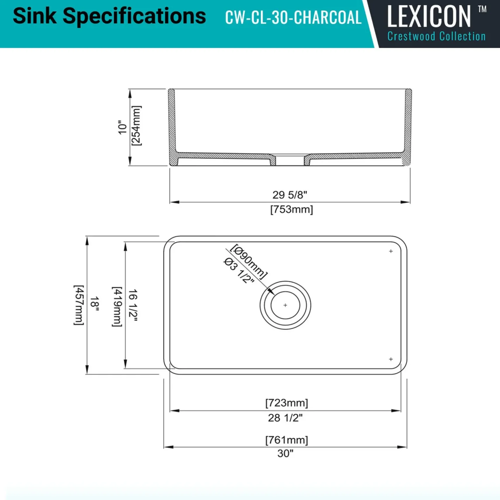Crestwood 30" Fireclay Farmhouse Sink, Charcoal, CW-CL-30-CHARCOAL