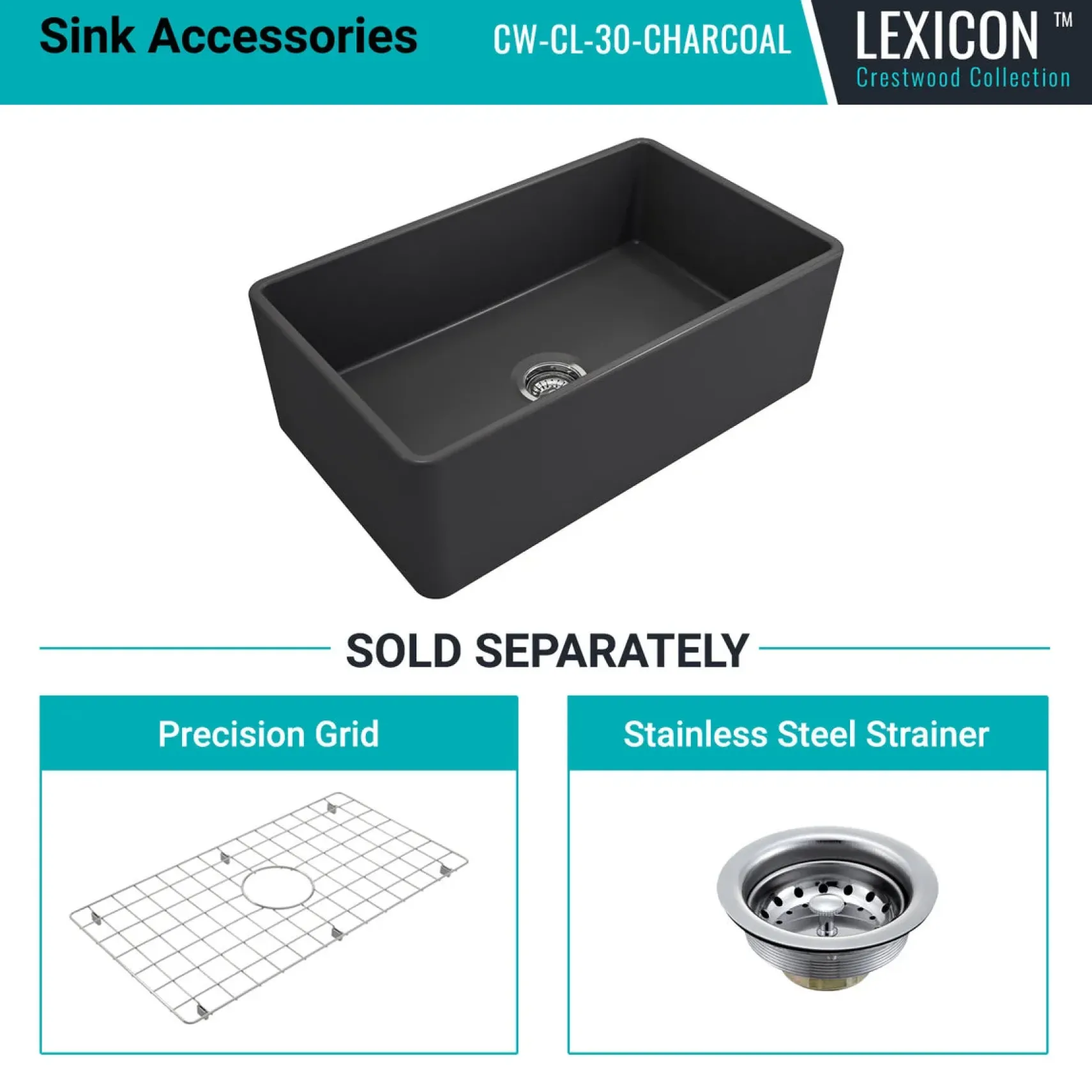 Crestwood 30" Fireclay Farmhouse Sink, Charcoal, CW-CL-30-CHARCOAL