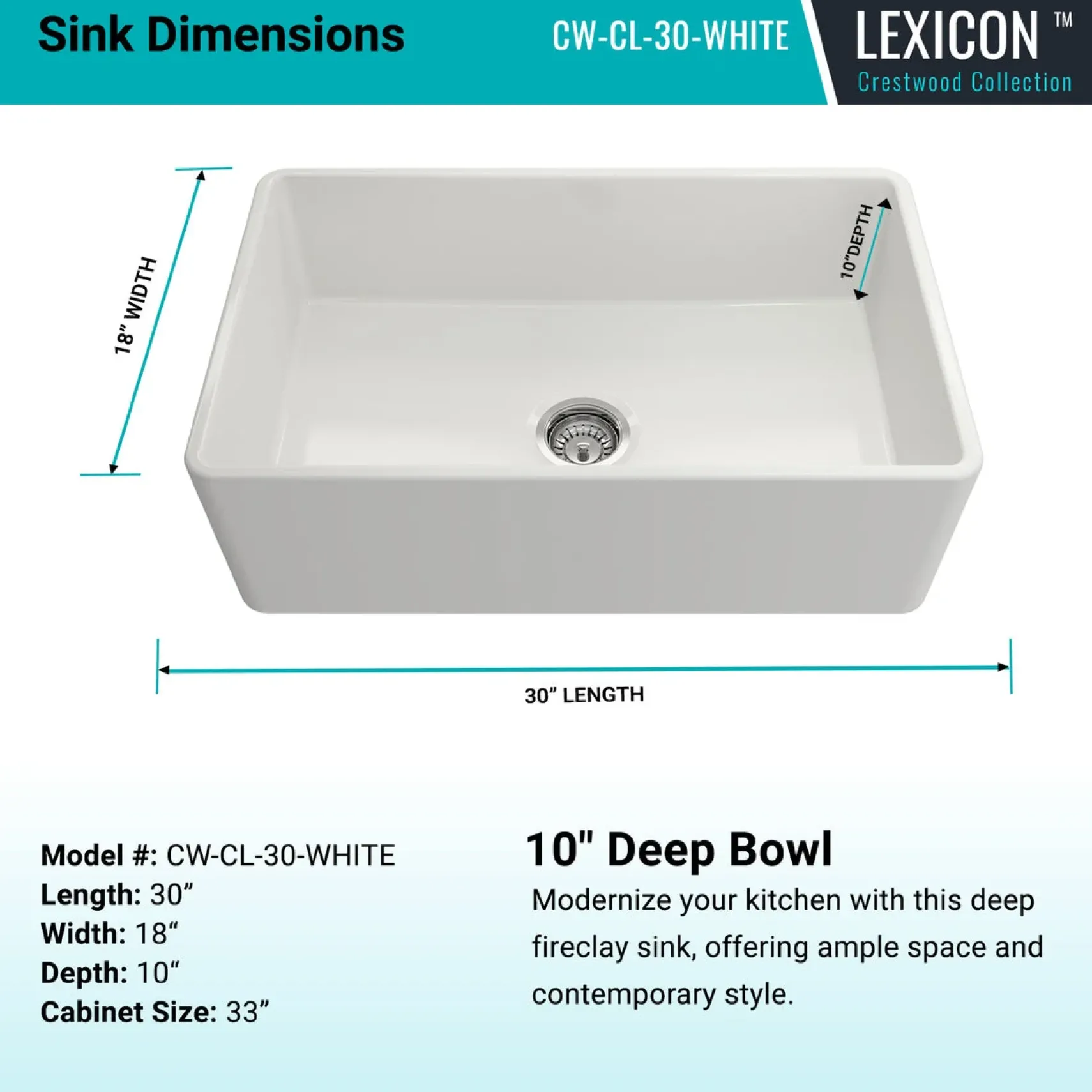 Crestwood 30" Fireclay Farmhouse Sink, White, CW-CL-30-WHITE
