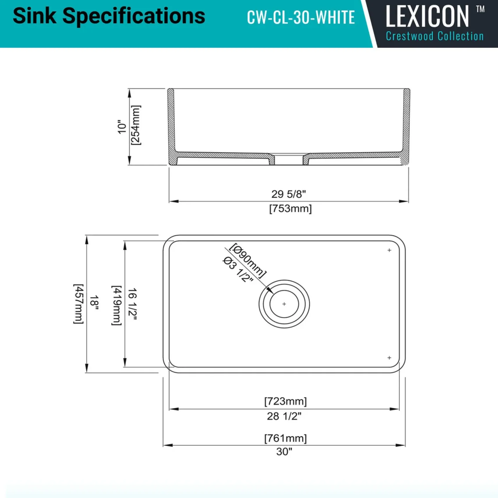 Crestwood 30" Fireclay Farmhouse Sink, White, CW-CL-30-WHITE