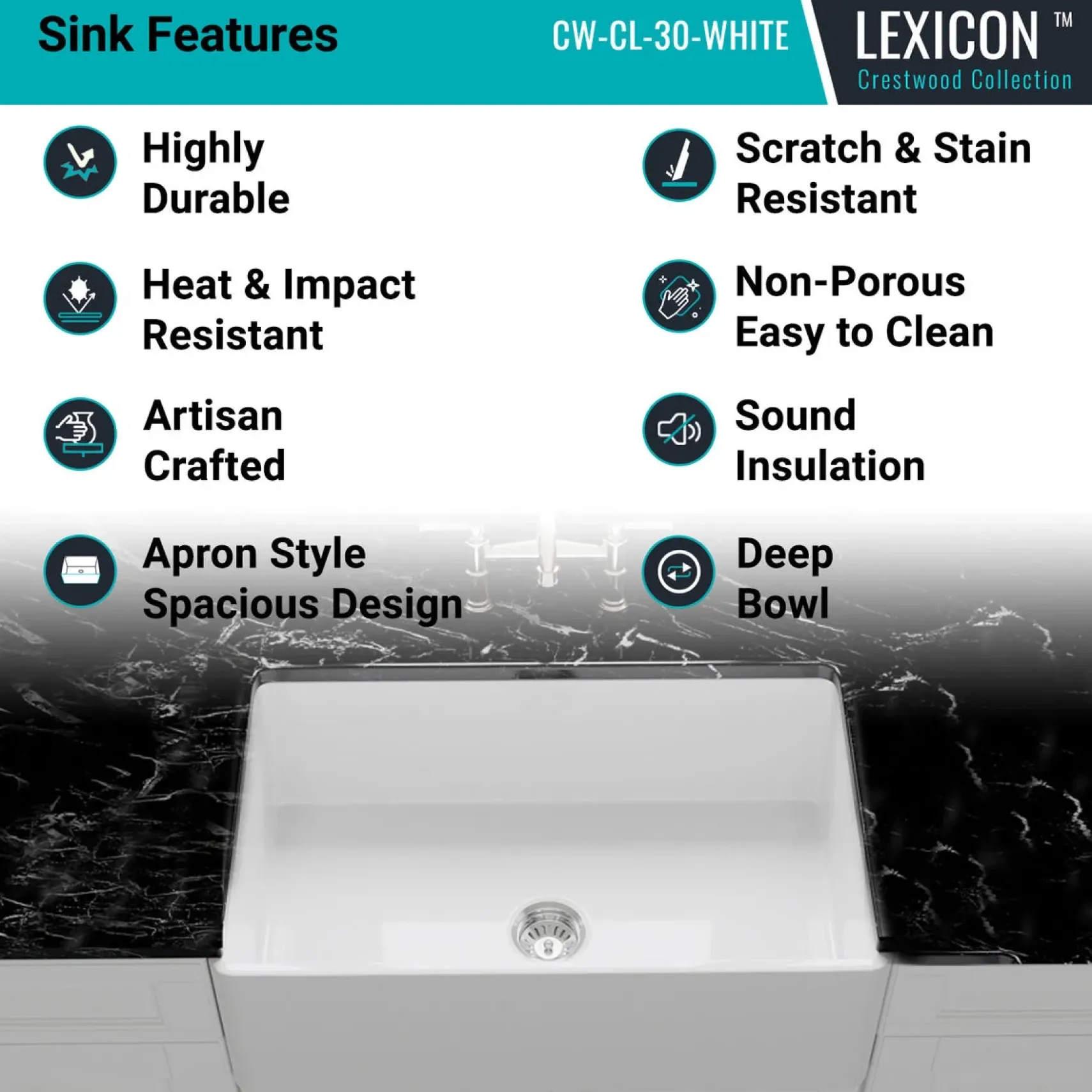 Crestwood 30" Fireclay Farmhouse Sink, White, CW-CL-30-WHITE