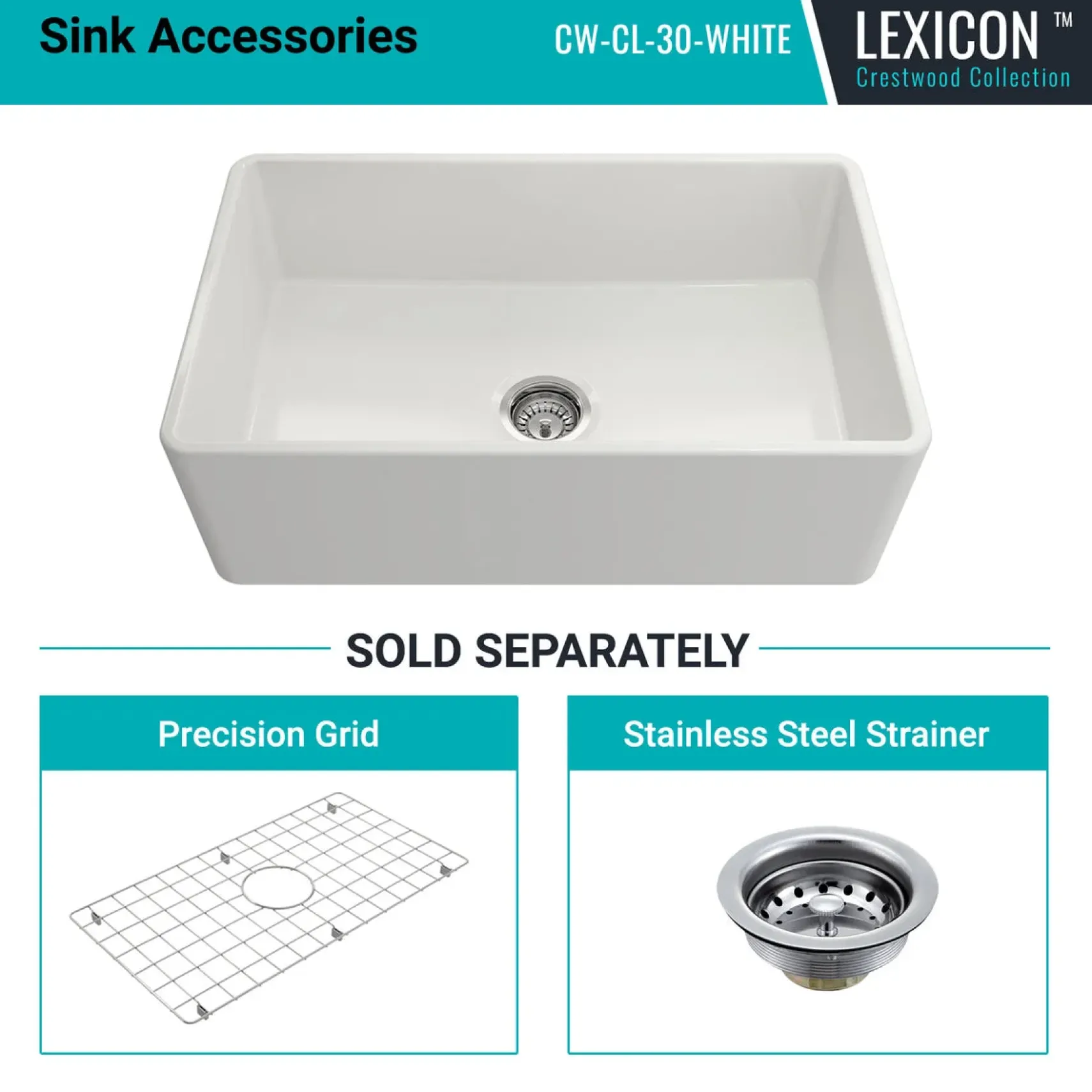 Crestwood 30" Fireclay Farmhouse Sink, White, CW-CL-30-WHITE