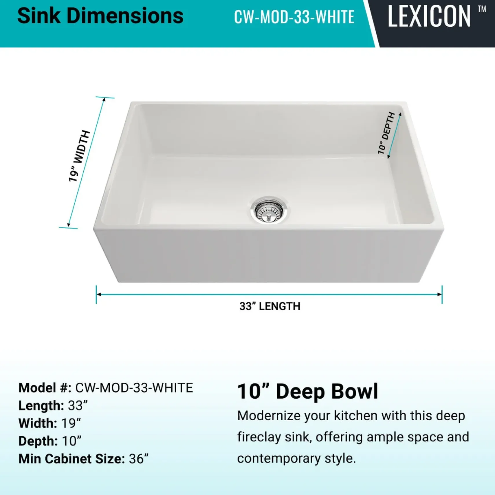 Crestwood 33" Fireclay Farmhouse Sink, White, CW-MOD-33-WHITE