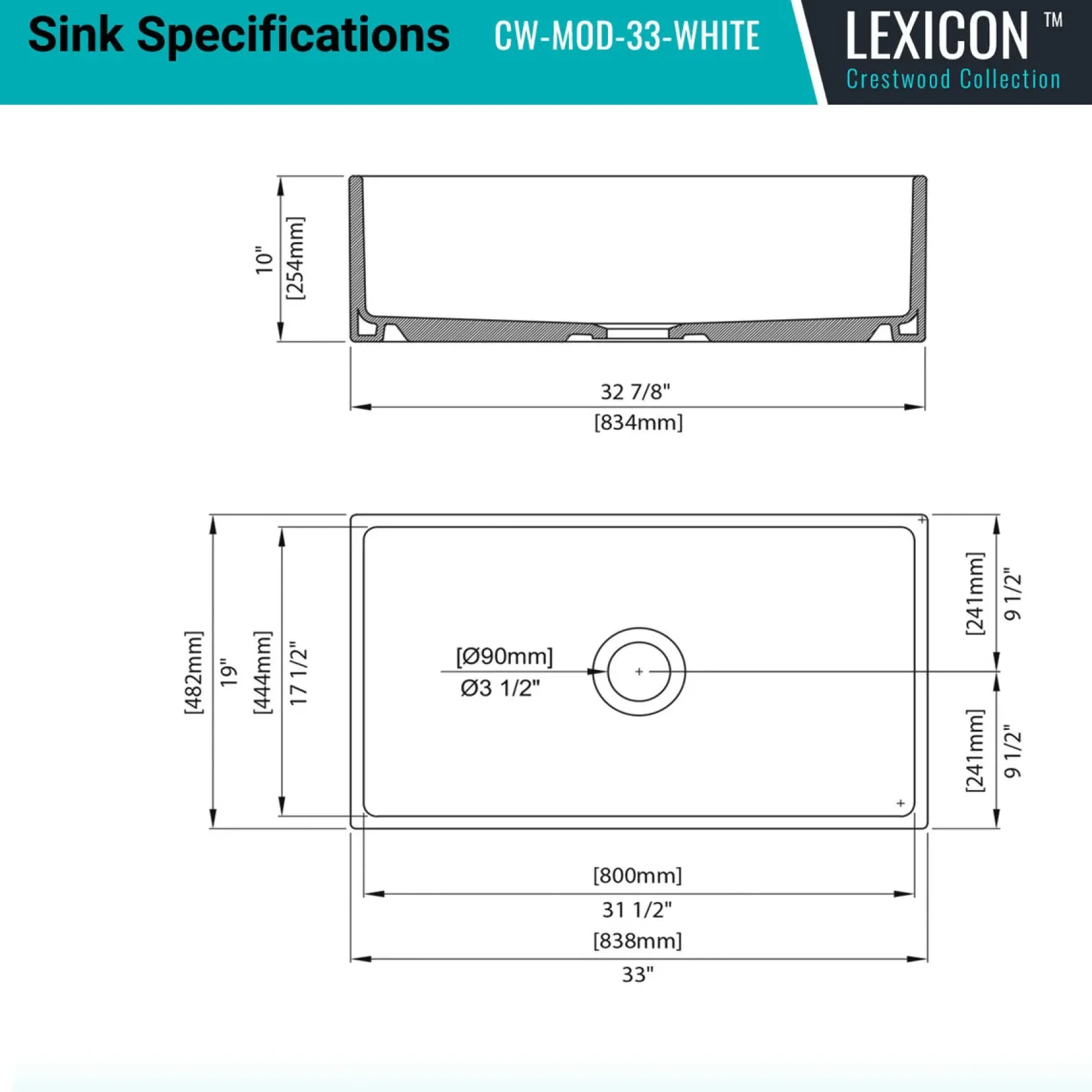 Crestwood 33" Fireclay Farmhouse Sink, White, CW-MOD-33-WHITE