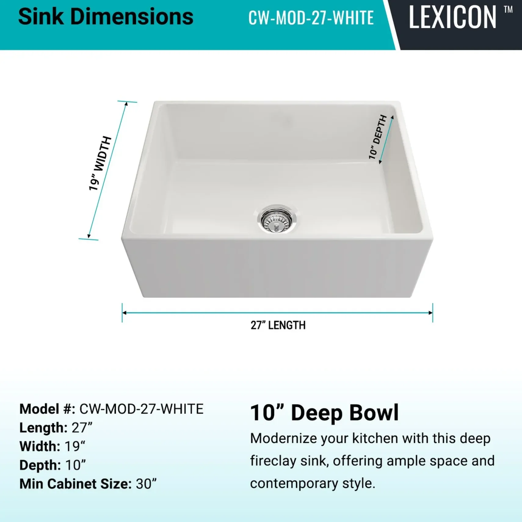 Crestwood 27" Fireclay Farmhouse Sink, White, CW-MOD-27-WHITE