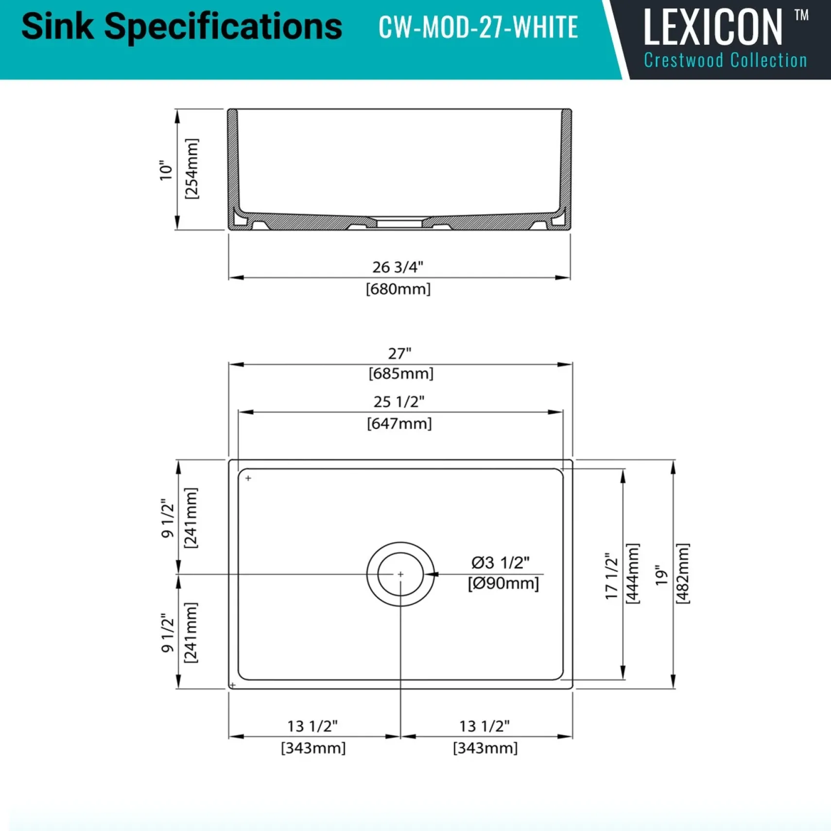 Crestwood 27" Fireclay Farmhouse Sink, White, CW-MOD-27-WHITE