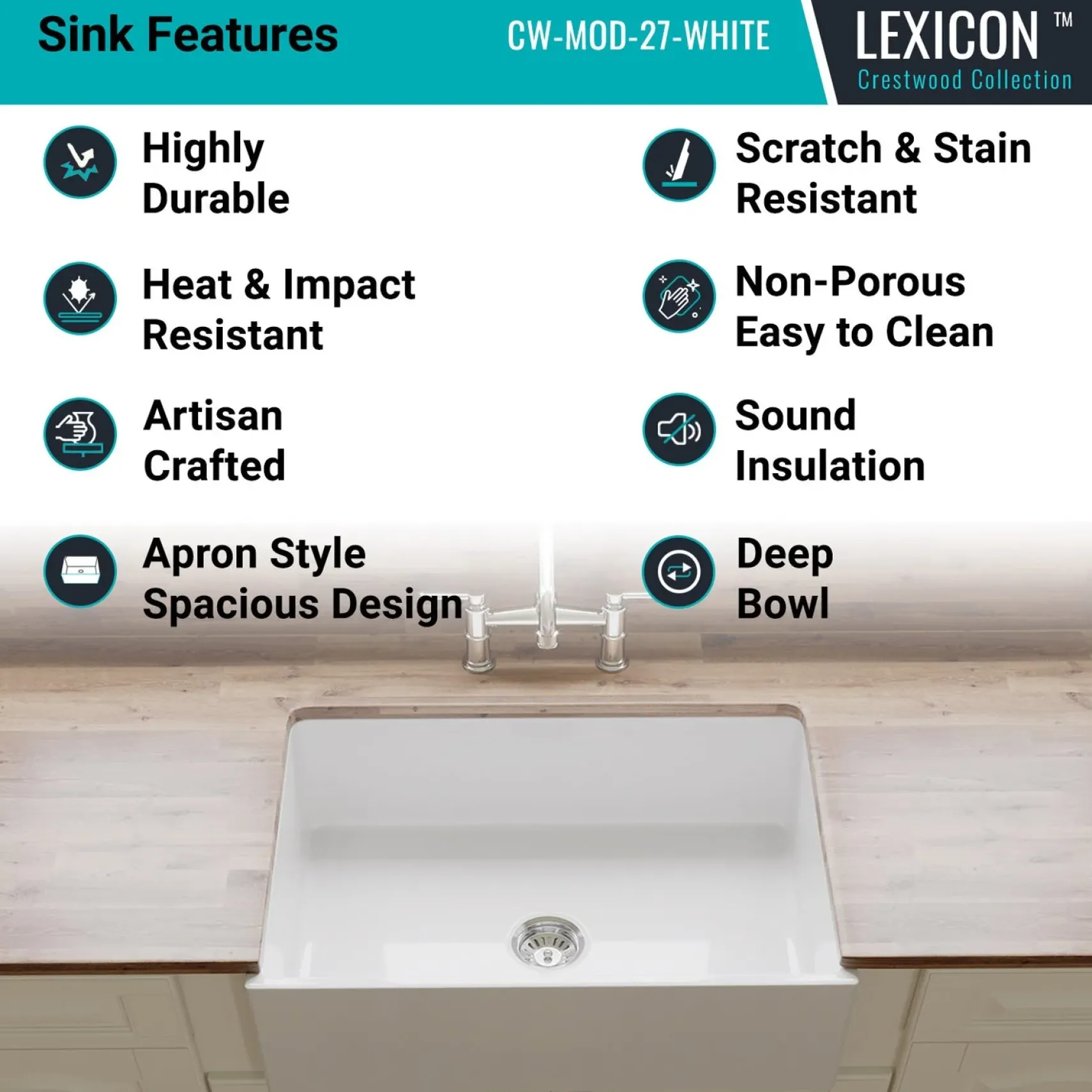 Crestwood 27" Fireclay Farmhouse Sink, White, CW-MOD-27-WHITE