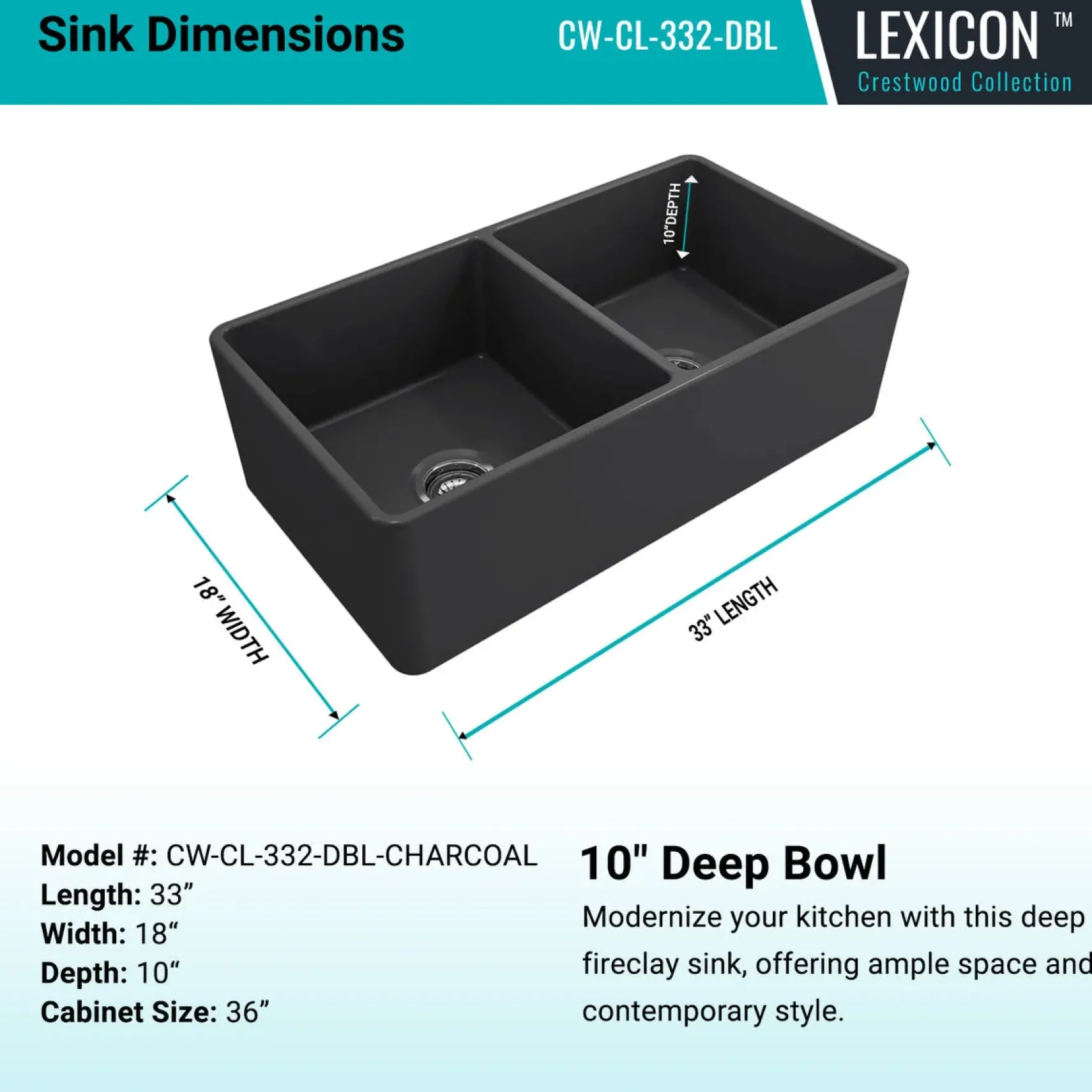 Crestwood 33" Fireclay Farmhouse Sink 50/50 Double Bowl, Charcoal, CW-CL-332-DBL-CHARCOAL