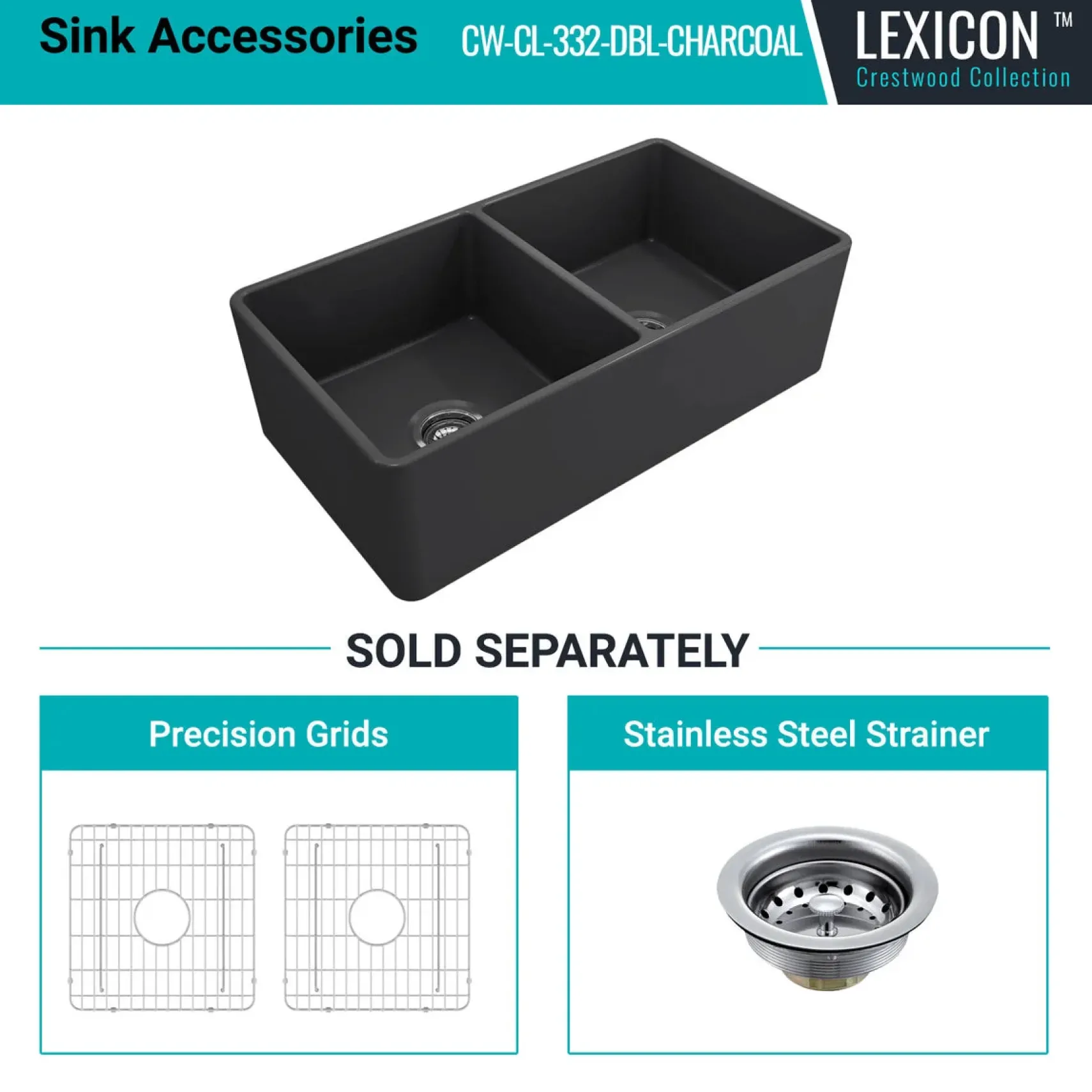 Crestwood 33" Fireclay Farmhouse Sink 50/50 Double Bowl, Charcoal, CW-CL-332-DBL-CHARCOAL